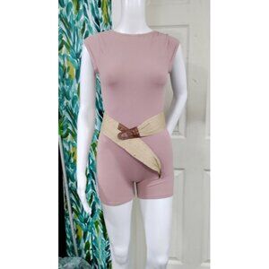 Woven Straw Elastic Belt With Brown Leather Accents